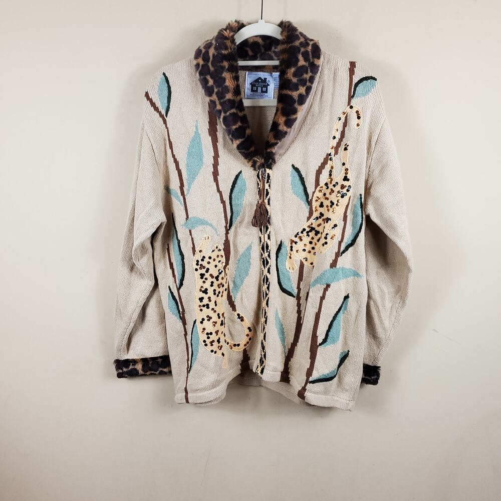 Storybook Knits Cheetah Full Zip Cardigan Sweater Faux Fur Trim & Cuff Size L